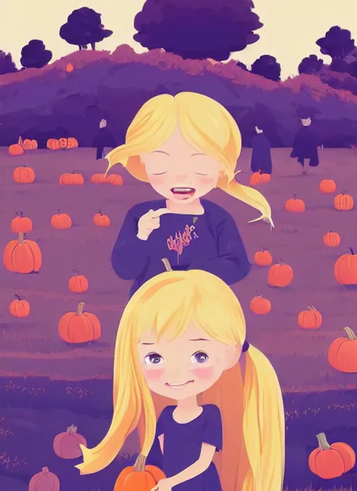 Prompt: little girl with long blonde hair happy at the pumpkin patch. clean cel shaded vector art. shutterstock. behance hd by lois van baarle, artgerm, helen huang, by makoto shinkai and ilya kuvshinov, rossdraws, illustration, art by ilya kuvshinov