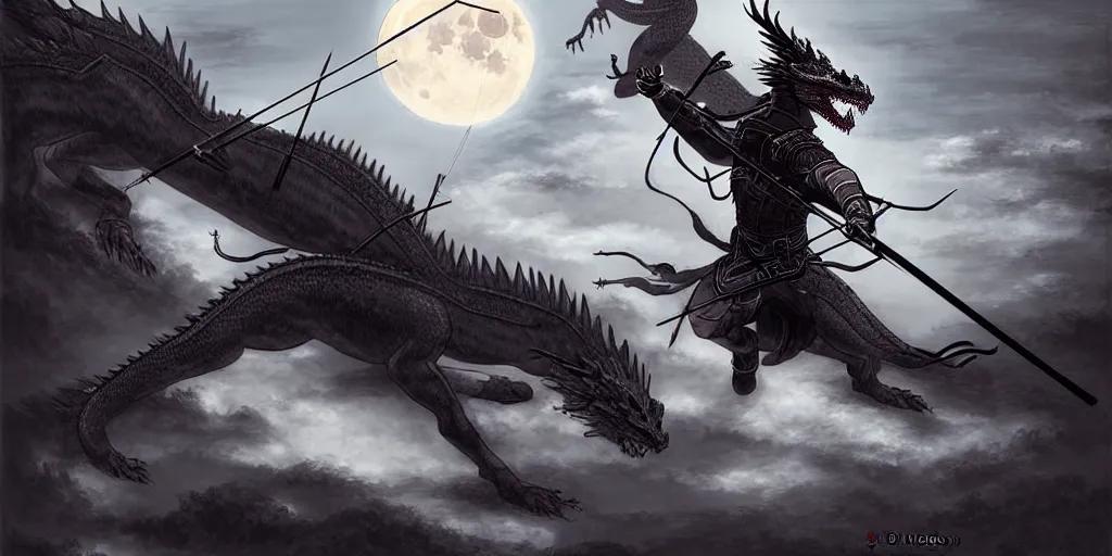 Prompt: korean archer wearing a helmet shooting an asian dragon. the moon is in the sky. there is a river. dark fantasy. high resolution. detailed. digital art. dark fantasy. kentaro miura.