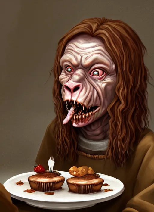 Image similar to portrait of a medieval goblin eating cakes in the cloisters beautiful face hyper realistic highly detailed digital painting artstation illustration co