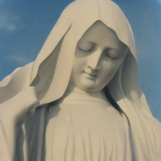 Prompt: closeup of crying white mother mary statue pictured slightly from below, clear sky with blue clouds in background, vintage polaroid