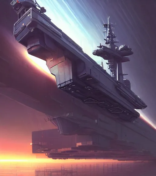 Image similar to cyberpunk aircraft carrier cargo ship strongly resembling industrial spaceship design concept art in space, by david levy, eve online, elite dangerous, artstation, film noir with ultra detailed, intricate, anime, dynamic lighting, digital art, digital painting, art station, wlop, sharp focus, illustration, art by artgerm and greg rutkowski and alphonse mucha