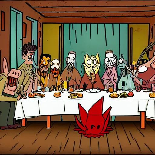 Image similar to the last supper in the style of courage the cowardly dog, detailed, hd, cartoon art,