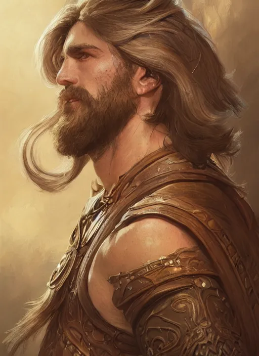 Image similar to portrait of a ruggedly handsome cleric, soft hair, muscular, half body, leather, hairy, d & d, fantasy, intricate, elegant, highly detailed, digital painting, artstation, concept art, smooth, sharp focus, illustration, art by artgerm and greg rutkowski and alphonse mucha