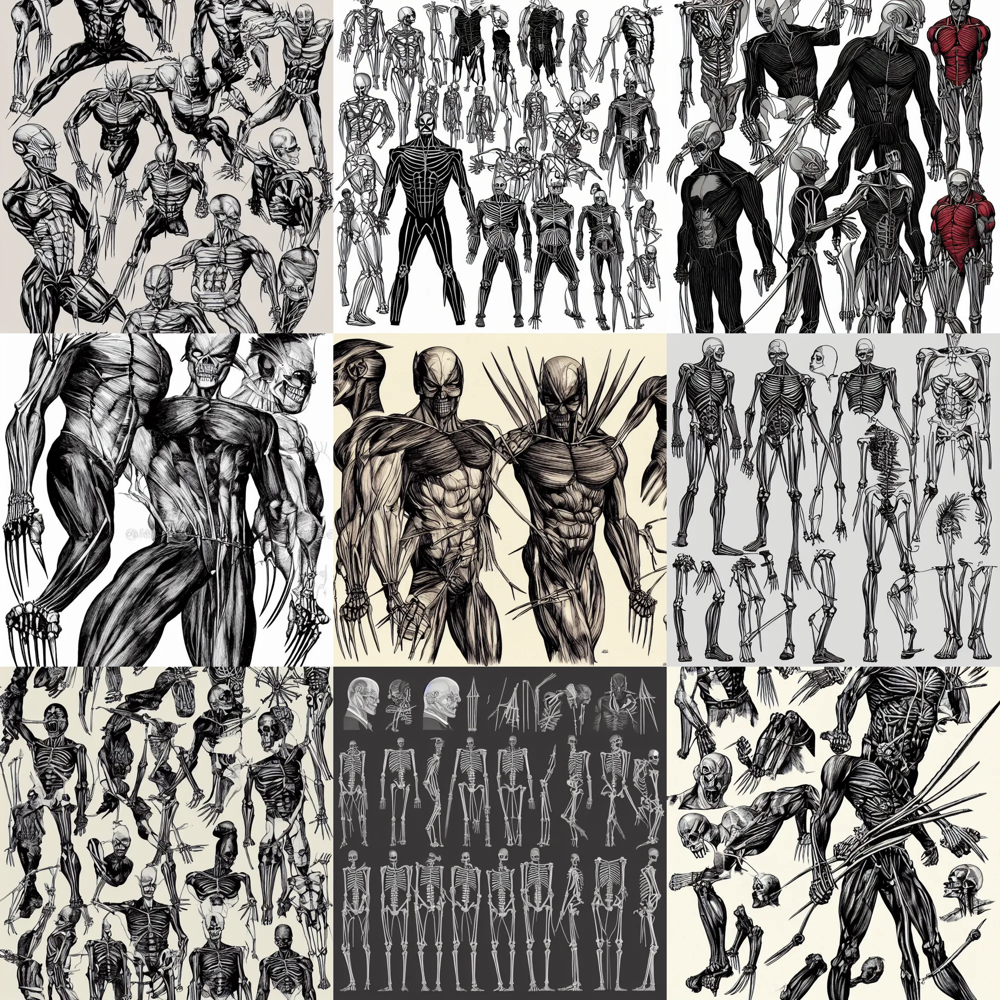 Prompt: medical illustration of skeletal structure of Wolverine, Magneto, Professor X, Storm, Raven, Cyclops
