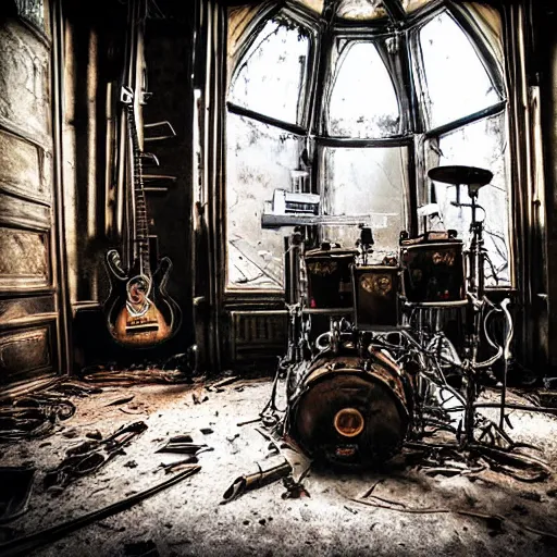 Prompt: “Dismantled steampunk guitar and large steampunk drums and massive broken steampunk synthesizer keyboards with wires and pipes in abandoned massive victorian mansion. Dark cinematic lighting. Fisheye lens. Minimalistic composition, detailed rendering. Old torn photograph. ”