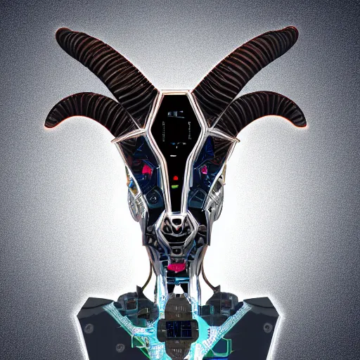 Prompt: cybernetic evil goat head merged with complex circuitry and machinery