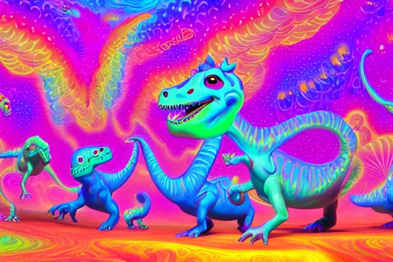 Image similar to a psychedelic realm made entirely out of love and acceptance and hypercolors. astral beings sharing love. cute smiling glowing skin glowing chibi style pixar baby dinosaurs in the style of, epic, fantasy, hyper detailed, smooth, unreal engine, sharp focus, ray tracing