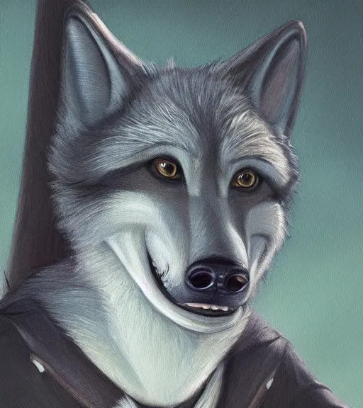 Image similar to oil painting of anthromorphic furry female wolf, in style of zootopia, female fursona, furry, furaffinity, 4 k, deviantart, furry art, fursona art, wearing black business suit, business suit, wolf fursona, female, tired expression,