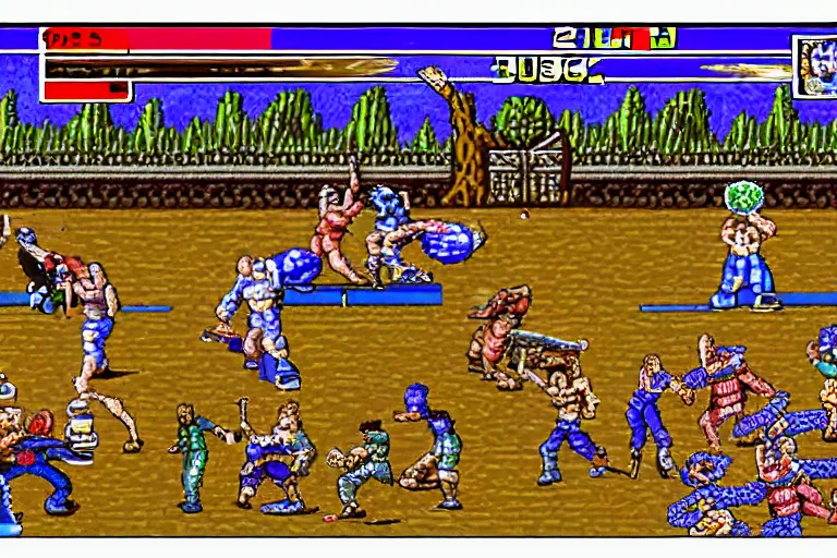 Prompt: ancient sumerian snes 2 d fighting game gameplay screenshot