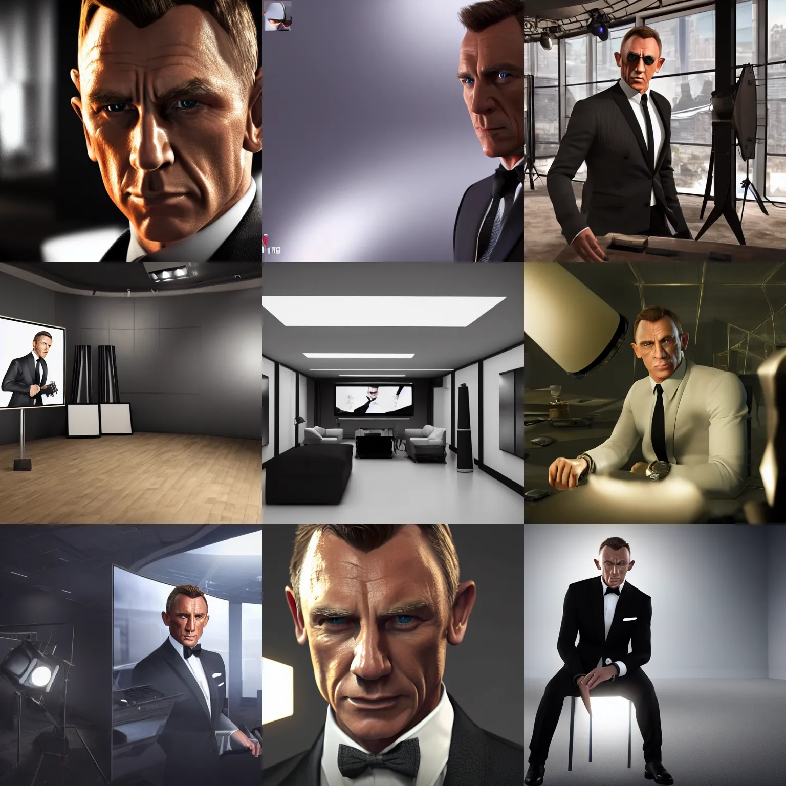 Prompt: still photo of james bond, studio lighting, unreal engine 5 quality render, photorealistic portrait, highly detailed, bright studio setting, crisp quality and light reflections