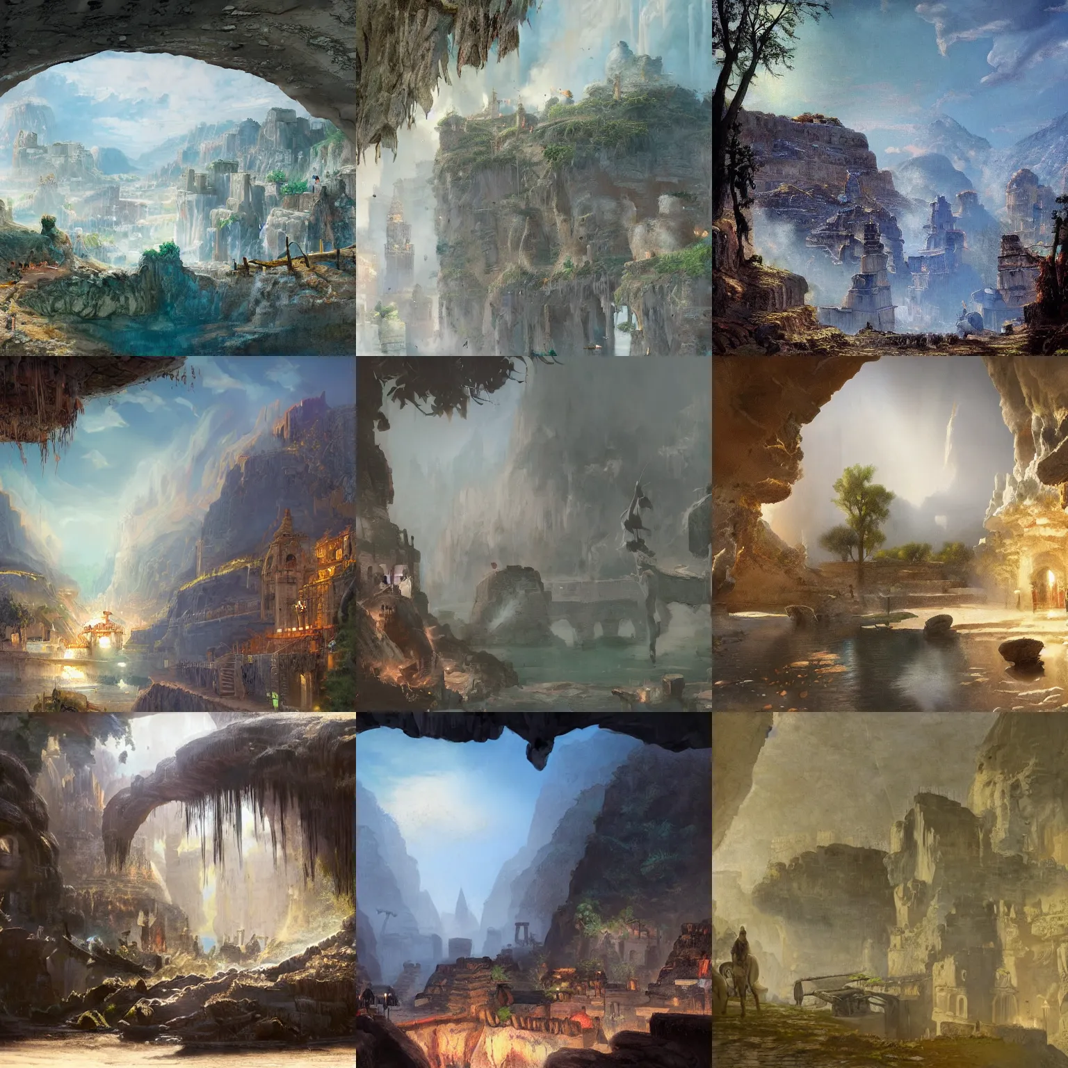 Image similar to aztec town built on the walls of a cave by jorge jacinto and albert bierstadt, mystical, fantasy, rays of light, atmospheric lighting, uhd, 8 k