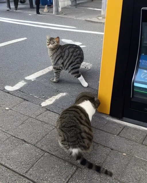 Prompt: cat standing up, in line at an ATM in copenhagen, as seen on reddit, photograph