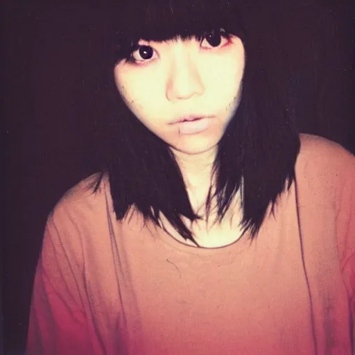 Image similar to aesthetic upper body polaroid photograph of emo japanese girl, long hair and fringe
