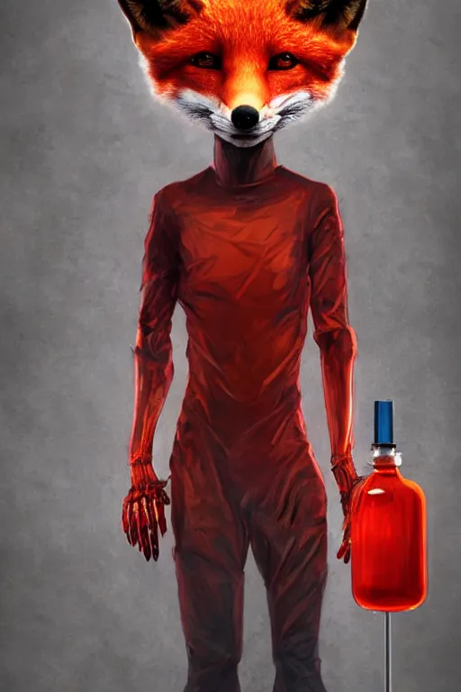 Image similar to a humanoid fox wearing scientist's clothes holding a red chemical, digital painting, masterpiece, digital art, high quality, highly detailed, concept art, trending on deviantart, high coherence, anatomically correct, five fingers, cinematic, high definition, path traced, laboratory background