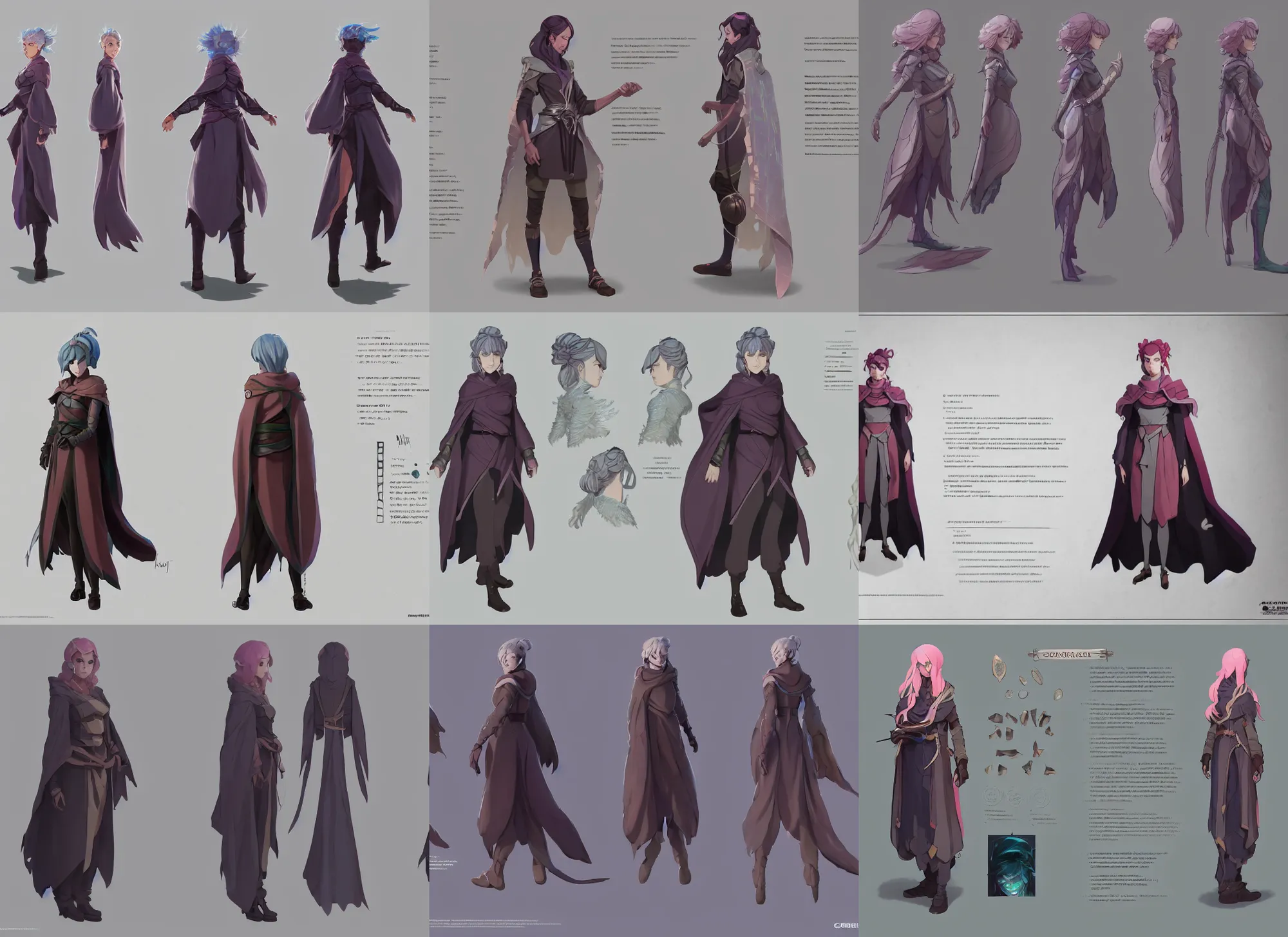 Prompt: character sheet for a travelled female for genshin impact by greg rutkowski, fantasy adventurer cloak, glowing iridescent hair color, by studio ghibli, digital art, trending on artstation, hd, 8 k, highly detailed, good lighting, beautiful, masterpiece