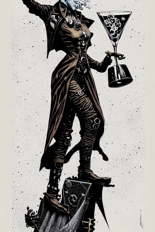 Image similar to side view of a majestic steampunk alchemist wizard holding a martini, high details, bold line art, by vincent di fate and joe fenton, inking, etching, screen print, masterpiece, trending on artstation, sharp, high contrast, hyper - detailed,, hd, 4 k, 8 k