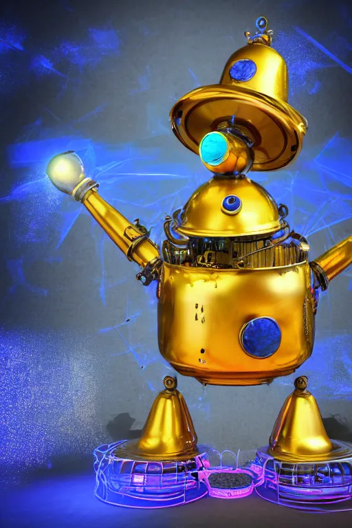 Image similar to portrait photo of a huge golden and blue metal steampunk robot wearing a big chef hat, with steaming pots and pans and tubes, eyes are green lights, shiny crisp finish, 3 d render, 8 k, insaneley detailed, fluorescent colors, background is multicolored lasershow