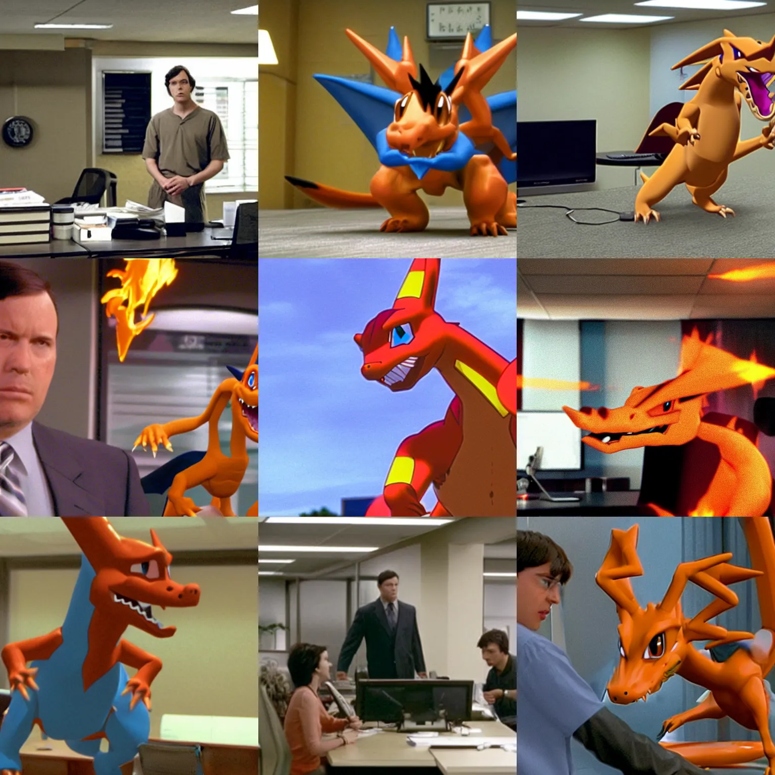 Prompt: still of Charizard in The Office (2005)