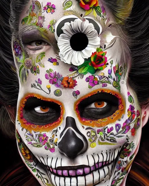 Image similar to dia de los muertos theme surrealist art in the styles of igor morski, jim warren, and osborne macharia, intricate, hyperrealistic, accurate facial details, profile picture with chromakey!!!!! background, volumetric lighting