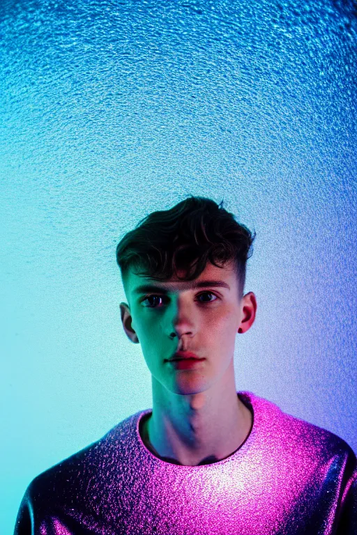 Image similar to high quality pastel coloured film mid angle selfie photograph of a beautiful young 2 0 year old male, soft features, black hair, standing in an icelandic black rock environment with reflective metallic clothing. atmospheric. three point light. photographic. art directed. ( pastel colours ). volumetric light. sheen. waves glitch. 8 k. filmic.