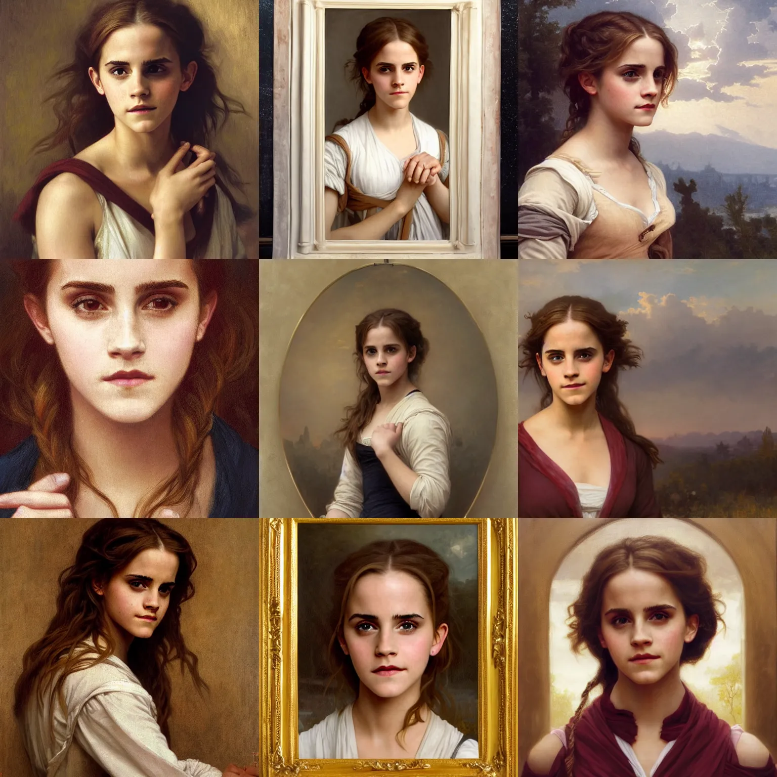Prompt: Painting of Emma Watson as Hermione Granger, looking in mirror, she has a surprised expression on her face, her hand is on her waist, her other hand is touching her face. Art by william adolphe bouguereau. During golden hour. Extremely detailed. Beautiful. 4K. Award winning.