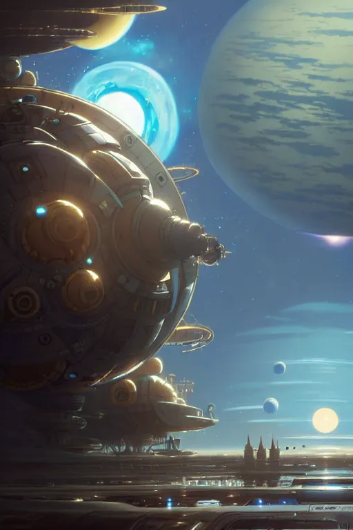 Image similar to steampunk spaceship infront of a planet, exquisite details, denoised, mid view, by karl kopinski, artsation, greg rutkowski, makoto shinkai, takashi takeuchi, studio ghibli