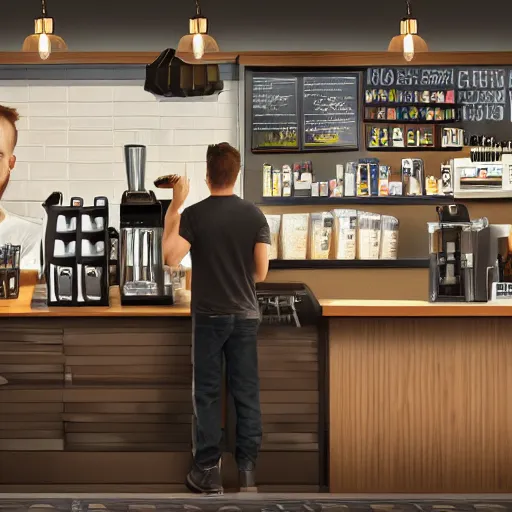 Prompt: Hyperrealistic ultradetailed matte painting of Jesse Pinkman working at a coffee shop, realistic, detailed lighting, cinematic, trending on artstation and 500px and behance