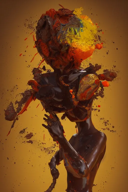 Prompt: epic 3 d masked omolu, liquid hands and feet spinning, 2 0 mm, with brown and orange mud melting smoothly into medicine and salves, intense, healing, intricate, houdini sidefx, trending on artstation, by jeremy mann and ilya kuvshinov, jamie hewlett and ayami kojima, 3 d bold