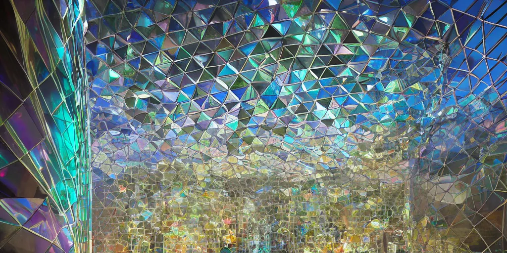 Prompt: futuristic translucent iridescent mosque exterior, hive power architecture by Buckminster Fuller and photo by Nick Hufton and Allan Crow , inspired by Mining by Risa lin on art station