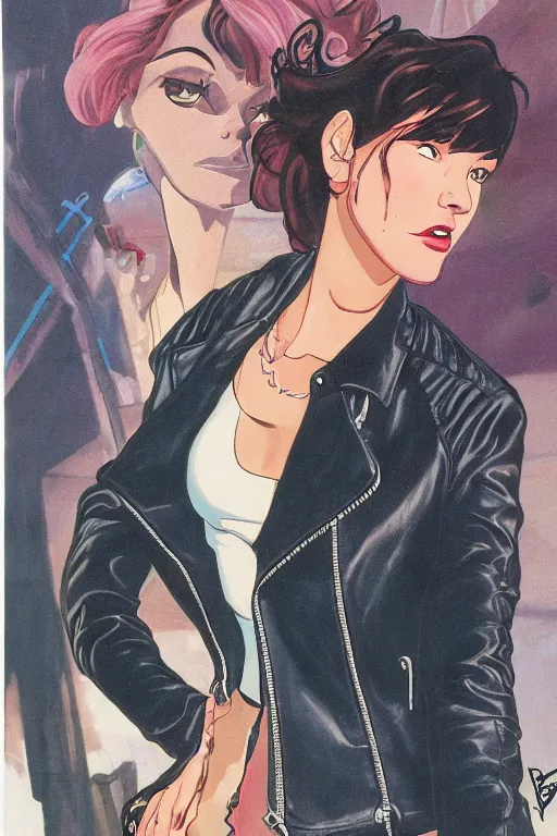 Image similar to portrait of an attractive young female protagonist, center focus, wearing leather jacket, in city street, detailed face, artwork by ralph bakshi