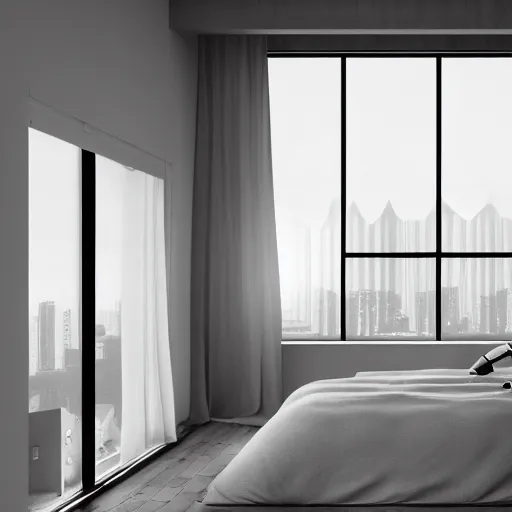 Image similar to brutalist bedroom, big windows, showing city landscape on background, minimalist architecture, minimalist furniture, octane render, high quality, 8 k, post production