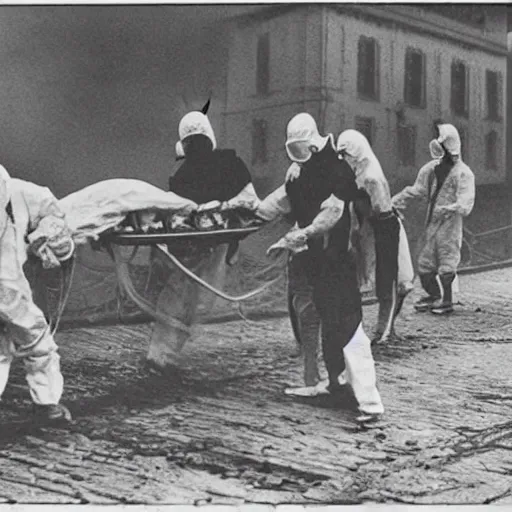 Prompt: old black and white photo, 1 9 1 3, depicting scientists in hazmat suits removing an alien biomechanical insect corpse on a bridge, historical record, volumetric fog