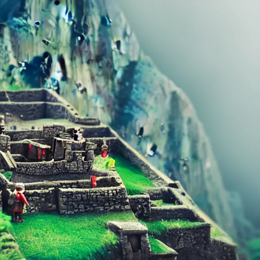 Image similar to Playmobil settlement at Machu Picchu, cinematic, bokeh, 4k 3D, detailed digital art, trending on artstation