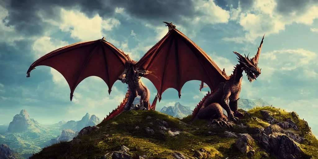 Image similar to A dragon with half open wings on the top of a mountain, epic composition, detailed and intricate image, cinematic, 4K