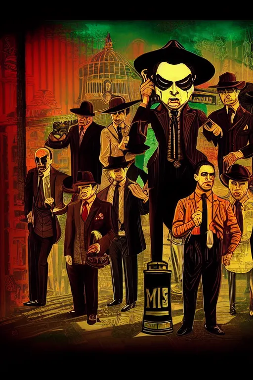 Image similar to mob mafia saints in mexico, with long hat, aesthetic, concept art, bioshock and gta chinatown wars pop art style, by mike swiderek, jorge lacera, ben lo, tyler west,, ultrarealistic, sharp focus, intricate, ultra high definition details, shadow effect