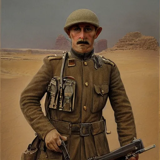 Image similar to a detailed photorealistic muted - color portrait painting of a 1 9 1 7 worried clean - shaven british lieutenant in field gear from the arab bureau in wadi rum, ultra realistic, intricate details, atmospheric, dark, brooding, highly detailed, by clyde caldwell