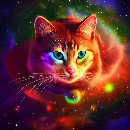 Prompt: Photorealistic magic cats in space. Hyperdetailed photorealism, 108 megapixels, amazing depth, glowing rich colors, powerful imagery, psychedelic Overtones, 3D finalrender, 3d shading, cinematic lighting, artstation concept art