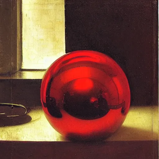 Prompt: chrome spheres on a red cube by frans van mieris