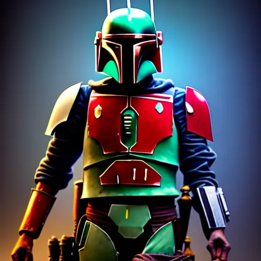 Prompt: boba fett and mandalorian standing proudly shoulder to shoulder ultra realistic, lens flare, atmosphere, glow, detailed, intricate, full of colour, cinematic lighting, trending on artstation, 4 k, hyperrealistic, focused, extreme details, unreal engine 5, cinematic, masterpiece, ultra realistic, hyper realistic, highly detailed, sharp focus, digital art