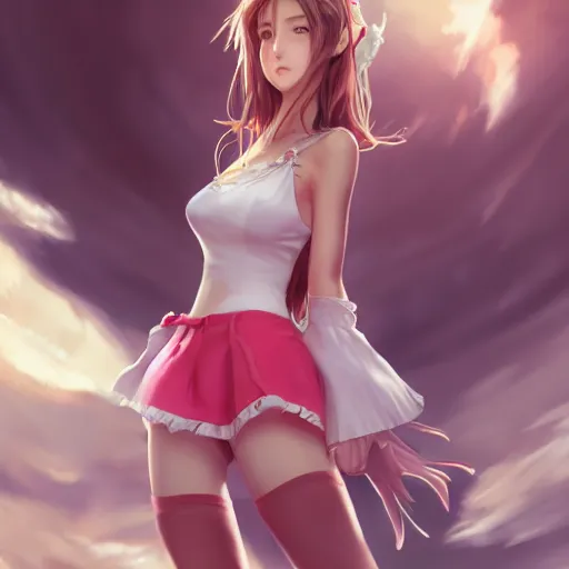 Image similar to full body shot of aerith gainsborough by WLOP, rossdraws, Logan Cure, Mingchen Shen, BangkuART, sakimichan, yan gisuka, JeonSeok Lee, zeronis, Chengwei Pan on artstation