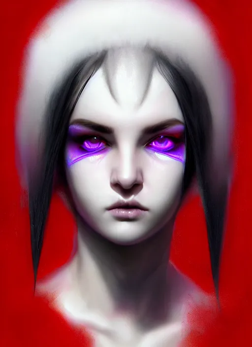 Image similar to whitebangs, black hair, black cyberlox, portrait of white teenage girl, normal face, white bangs, fluffy bangs, cyberlox, whitebangs, red contact lenses, purple background, intricate, elegant, highly detailed, digital painting, artstation, concept art, sharp focus, smooth, illustration, art by wlop, mars ravelo and greg rutkowski