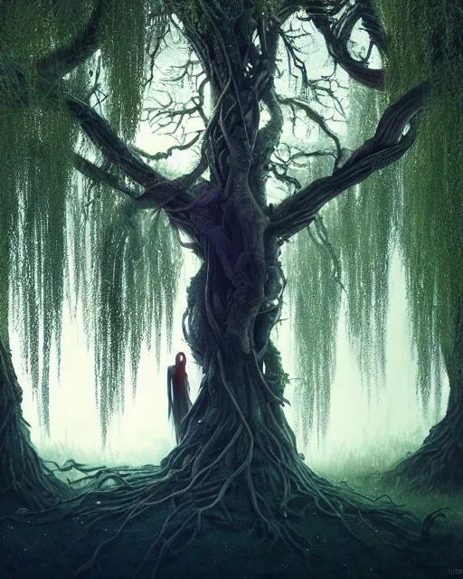 Image similar to highly detailed surreal vfx portrait of a cursed crown in a shadowy forest by a willow tree, stephen bliss, unreal engine, greg rutkowski, loish, rhads, beeple, makoto shinkai and lois van baarle, ilya kuvshinov, rossdraws, tom bagshaw, alphonse mucha, global illumination, detailed and intricate environment