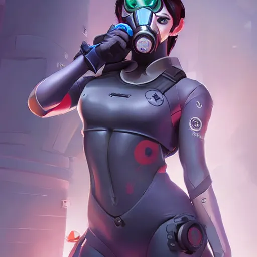 Image similar to overwatch widowmaker wearing a cyber gas mask, digital art, pretty face, very beautiful face, very detailed eyes, ultra detailed, by wlop, greg rutkowski,