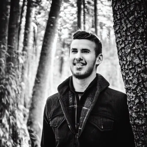 Prompt: black and white portrait of ryan winter in the forest