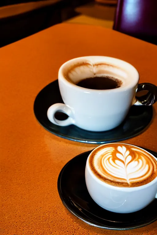 Image similar to realistic detailed photo of a steaming cup of cappuccino on a saucer with a flaky pastry on the side and a coffee spoon on the table, hotel lobby in the background, hdr, isometric perspective, volumetric lighting, dim light, diffuse light, depth of field