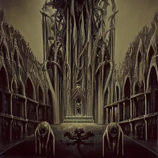 Image similar to monstrous and twisted cathedral with an altar that has a statue to many eyed and four armed cthulhu. in the style of hr giger and zdzisław beksinski piranesi gloom misty glow oil painting biomechanical