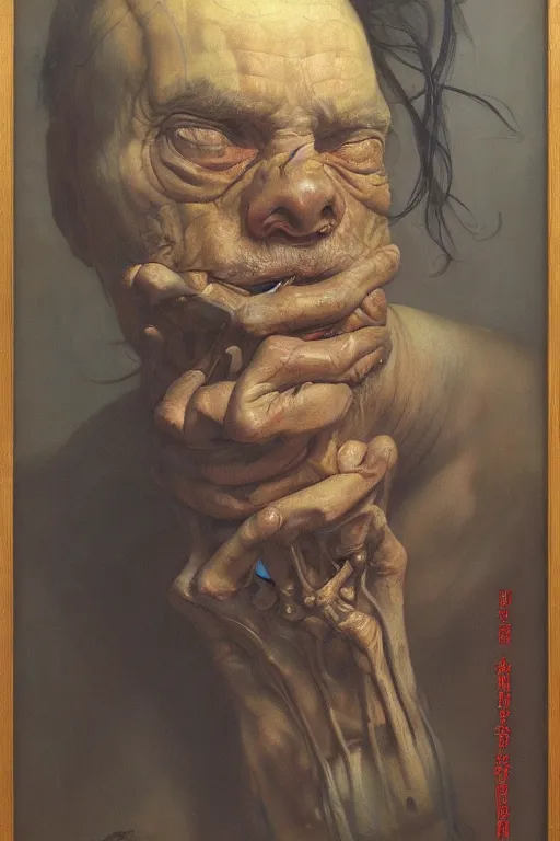 Prompt: beautiful clean oil painting biomechanical portrait of sad man face by huaishen j, wayne barlowe, freud lucian, rembrandt, complex, stunning, realistic, skin color