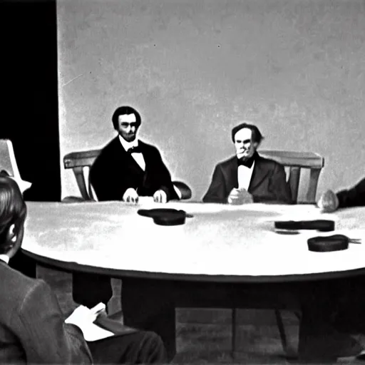 Prompt: high resolution high quality realistic photo still of Abraham Lincoln in a roundtable debate with Stephen Douglas in a 1968 public television show