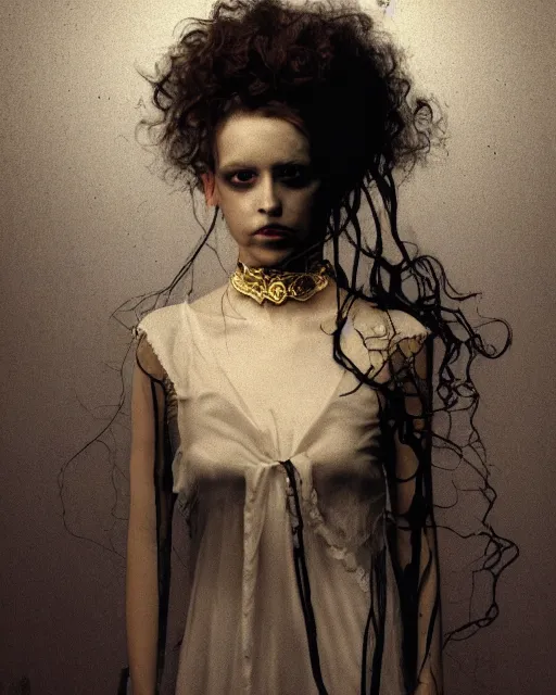 Image similar to an instant photo of a beautiful but creepy young woman in layers of fear, with haunted eyes and curly hair, wearing a vivienne westwood choker, 1 9 7 0 s, seventies, wallpaper, moorland, a little blood, moonlight showing injuries, delicate embellishments, painterly, offset printing technique, by mary jane ansell