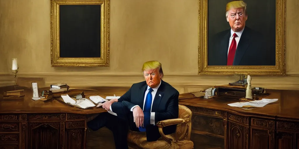 Prompt: beautiful oil matte portrait painting, mafia boss donald trump smoking at white house office desk, wonderful masterpiece highly detailed, beautiful cinematic light deep focus, elegant, digital painting, smooth, sharp focus, golden ratio, dramatic illumination, ultra realistic, 8 k, art by jimmy law